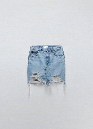 Жіноча джинсова спідниця zara з рваностями розмір xl блакитна