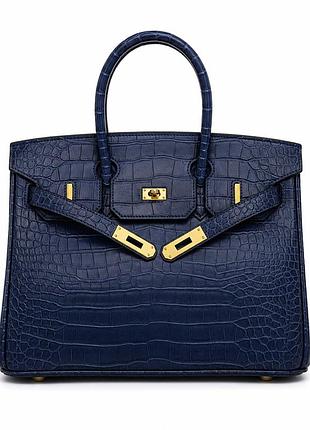 Женская синяя сумка birkin под крокодила с золотой фурнитурой 30×24×15 см