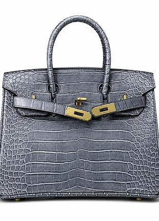 Жіноча сіра сумка birkin під крокодила з золотою фурнітурою 30×24×15 см