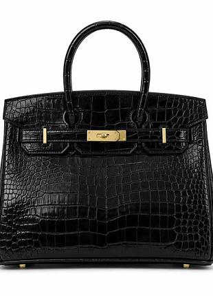 Женская розовая сумка birkin под крокодила с золотой фурнитурой 30×24×15 см