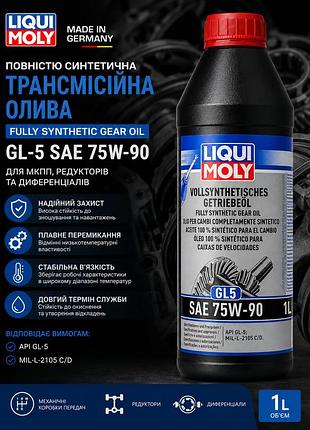 Трансмиссионное масло liqui moly fully synthetic gear oil gl-5 sae 75w-90 1 л синтетическое для мкпп и редукторов
