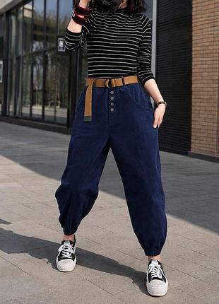 Штани жіночі вельветові банани з високою посадкою та ґудзиками р. 50-52, 54-56, 58-60, 62-64 синій (43/930)