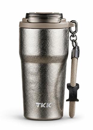 Термокружка tkk titanium 630 мл – титановый термос для кофе и чая, герметичная крышка, двойной способ питья, бежевый металлик
