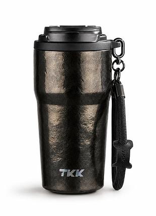 Термокружка tkk titanium 630 мл – титановый термос для кофе и чая, герметичная крышка, двойной способ питья, коричневый металлик