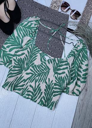 Приталена блуза h&m m різнокольорова блуза з об’ємними рукавами блуза на гумці в тропічний принт