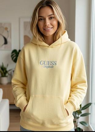 Утепленное желтое худи guess originals оригинал батал на флисе / желтая кофта с вышивкой 50-52.
