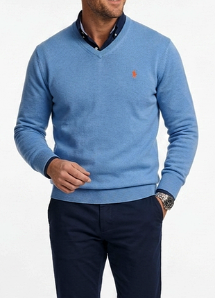 Чоловічий блакитний пуловер з v- подібним вирізом, polo ralph lauren, m