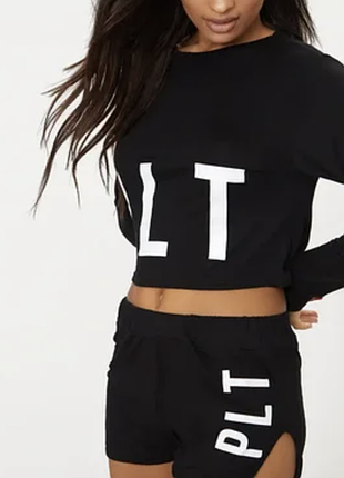 Чорний трикотажний костюм топ з шортами prettylittlething #4056
