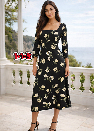 🎁1+1=3** чорна приталена сукня міді квітковий принт dorothy perkins, розмір 48 - 50