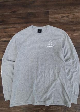 Лонгслив huf triple triangle gray / серая мужская кофта с принтом на рукавах