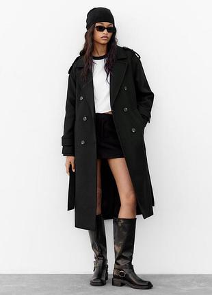 Пальто с шерстью pull &amp; bear черного цвета с ремнем и карманами