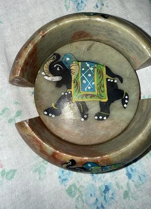 Попільничка камʼяна, вінтажна індійська кам’яна попільничка, ручний розпис, слон»