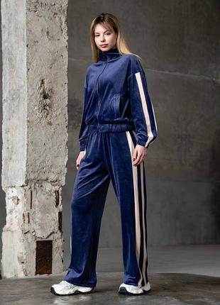 Костюм женский спортивный велюровый с лампасами синий s, m, l, xl