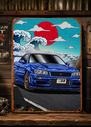 Металева вінтажна табличка nissan skyline r34 jdm (14х20 см)