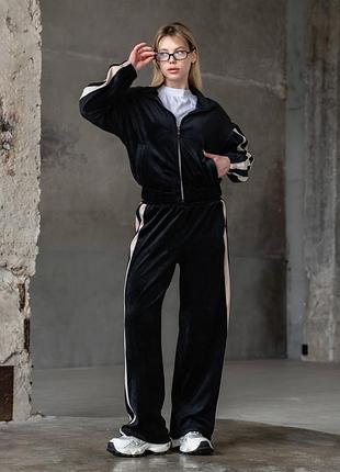 Костюм женский спортивный велюровый с лампасами черный s, m, l, xl