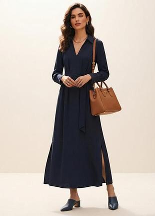 ​👗 розкішна темно-синя сукня максі з поясом та розрізами від massimo dutti