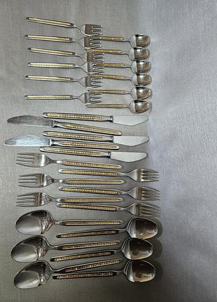 Винтажный набор столовых приборов bmf bergsil (solingen), нитеньки, сталь 18/8 с позолотой, 29пр.