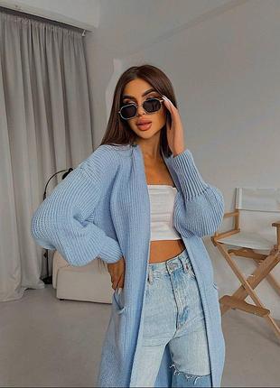 Накладний платіж ❤ 30% шерсть вовна вязаний оверсайз довгий кардиган міді з кишенями та широкими манжетами