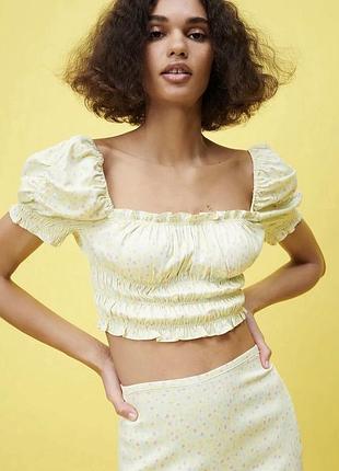 Нова блуза жовта zara s блуза в дрібний горох коротка блуза з рукавами ліхтариками блуза зара
