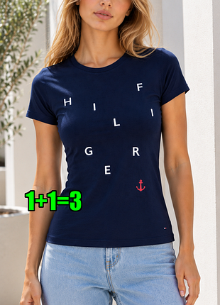 🤩1+1=3 брендовая темно-синяя женская натуральная футболка tommy hilfiger, размер 44 - 46
