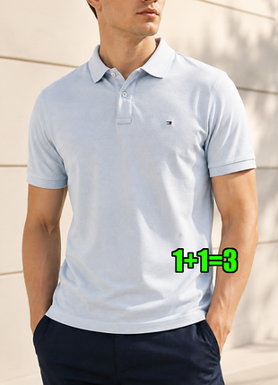 🤩1+1=3 брендова блакитна чоловіча футболка поло tommy hilfiger, розмір 46 - 48