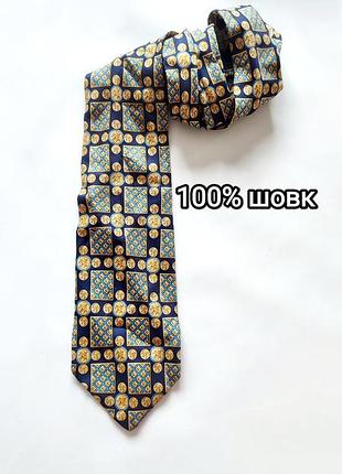 Краватка 100% шовк малюнок чоловіча широкий галстук синя принт золотий silk seta seda вінтаж синій вантажна сілк з малюнком umberlo scolari шовкова