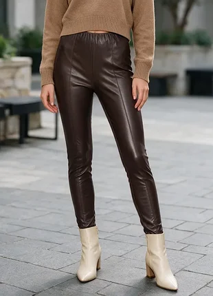 Кожаные утепленные на флисе ✨ h&m 🤎 коричневые лосины из экокожи 🔥 леггинсы высокая посадка s-m