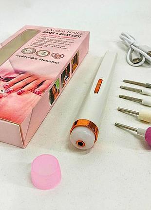 Фрезер для маникюра и педикюра flawless salon nails с насадками, ручной мини-фрезер фен pink