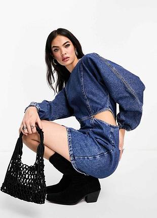 Джинсове мініплаття mango з вирізами з боків і об'ємними рукавами