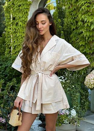 Luxe костюм шорти сорочка пасок пояс комір рукав 3\4 висока посадка на резинці натуральний літній з шортами кишеня бавовна котон