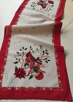 Яркая новогодняя дорожка, 36х99см., с великолепными птичками и цветами🤩👌🤍❤️🏵️🐦‍🔥