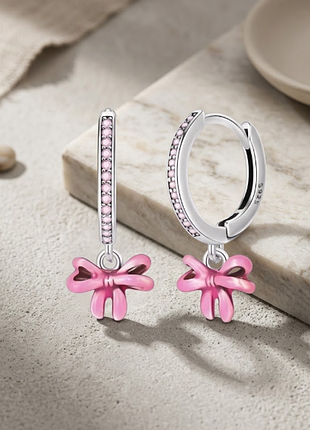 Серьги серебро 925 банты розовые