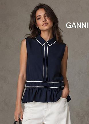 Оригинальная синяя блуза с окантовкой и баской ganni 40