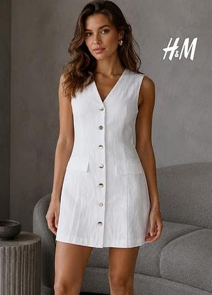 Новое белое платье с золотистыми пуговицами "под лен" h&amp;m s