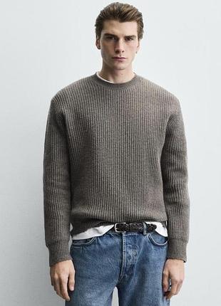 Чоловічий сірий светр zara в рубчик, 100% бавовна, розмір m (джемпер)
