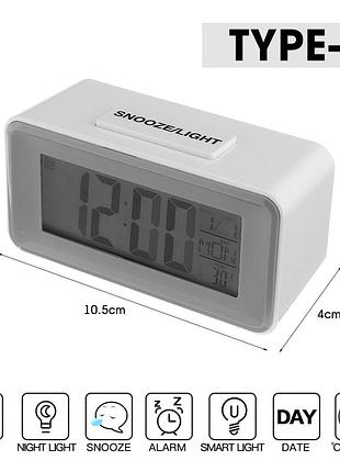 Настільний електронний годинник lcd digital clock з підсвічуванням, термометром, календарем та будильником (білий)