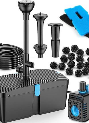 Погружающий фильтр-фонтан для пруда feoxshal pond filter fountain kit 60w с помпа-насосом, насадками и фильтрующими губками