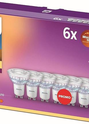 Набір світлодіодних ламп philips led classic gu10 3.8w (аналог 50w), 345 lm, 2700k warm glow, димовані (5 шт. в упаковці)