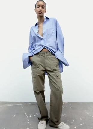 Женские карго брюки zara хаки прямые хлопковые cargo с накладными карманами размер m-l 40