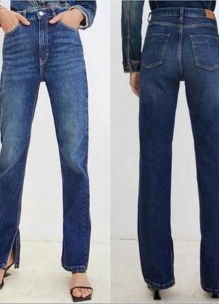 Джинсы женские zara прямые wide leg с высокой посадкой и разрезами синие l 40