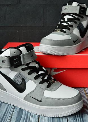 Nike air force 1 mid white gray белые с серым мехом 44