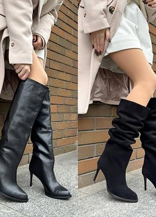 Сапоги slouch boots женские на шпильке, натуральная замша/кожа