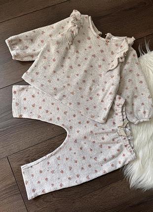Костюм комплект набір для дівчинки 3-6 міс 68 см зара zara кофта штани сірий з рожевими квітами