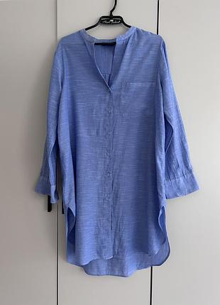 Длинная голубая рубашка-туника из чистого хлопка от marks & spencer (модель pure cotton longline beach cover up shirt). сукня сорочка m&s   l-xl
