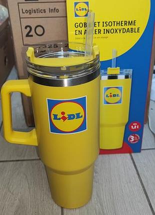 Ізотермічний кухоль lidl з ручкою, кришкою та трубочкою 1,2 л жовтий