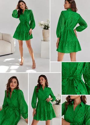Сукня zara зелена з мереживною вишивкою та поясом