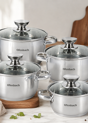 Набор 4 кастрюли ofenbach casserole из нержавеющей стали (1.1л, 1.7л, 2.4л, 3.4л) со стеклянными крышками
