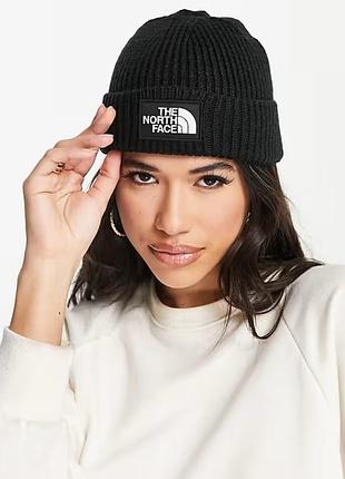 Чёрная шапка бини с отворотом и логотипом the north face унисекс