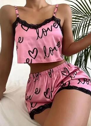 Атласная женская пижама "love" розовый