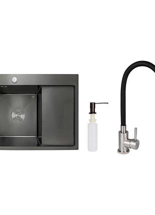 Акционный набор lidz: мойка h6350br интегрированная крыло справа brushed black pvd 3,0/1,0 мм + смеситель aria для кухни с гибким